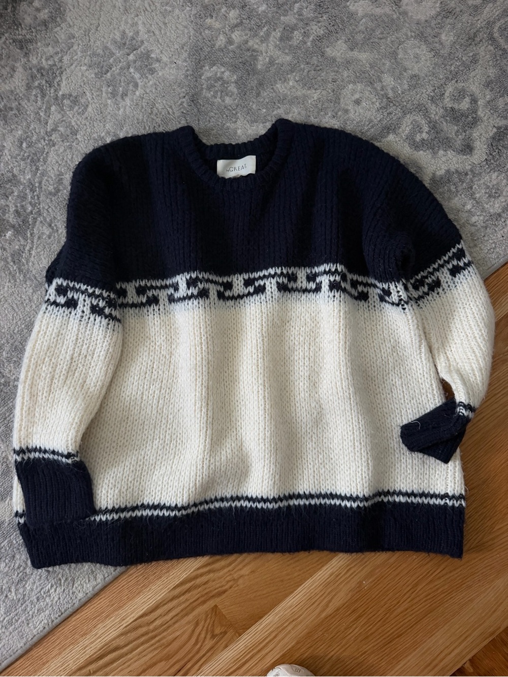 THE GREAT. Navy and Cream Colorblock Crewneck Sweater